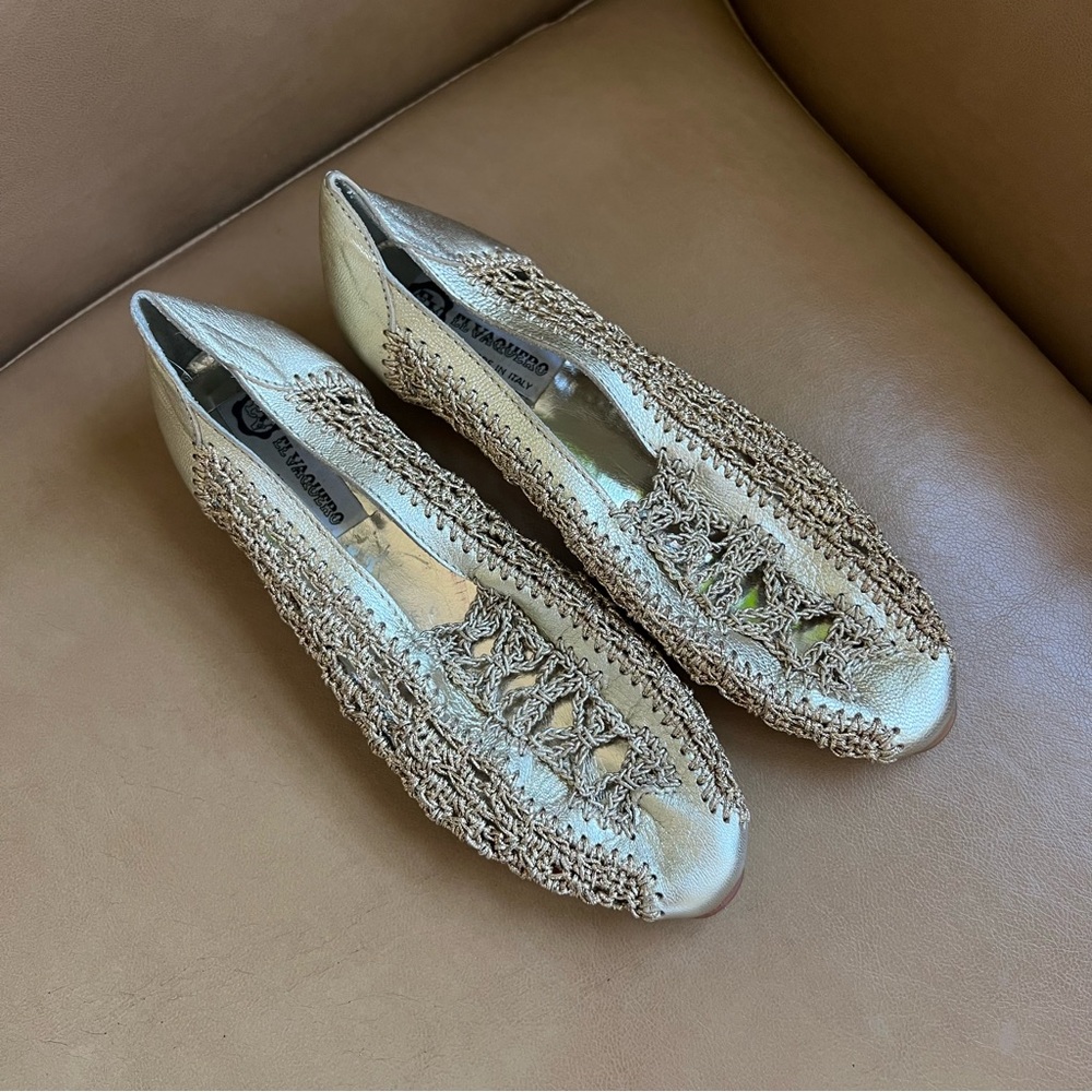 Rare Vintage El Vaquero Gold Crochet Woven Slip On Gold Flats Ballet Wedges 36 6